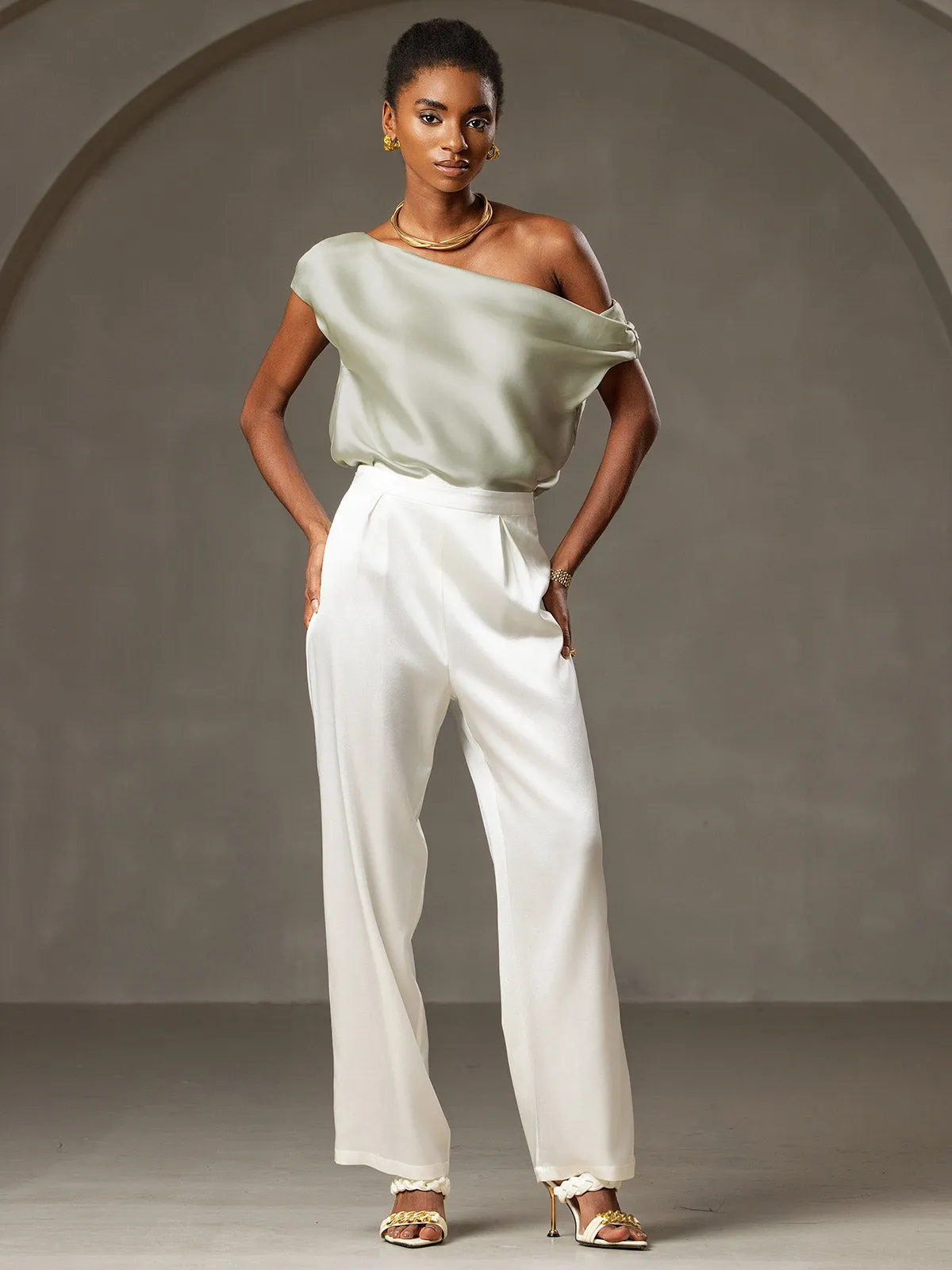 19Momme Silk Chic Elegant One-Shoulder Top