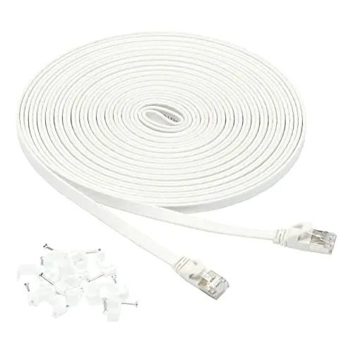 Amazon Basics RJ45 Cat 7 Ethernet Patch Cable, Flat, 600MHz, Snagless, Includes 20 Nails, 50 Foot, White