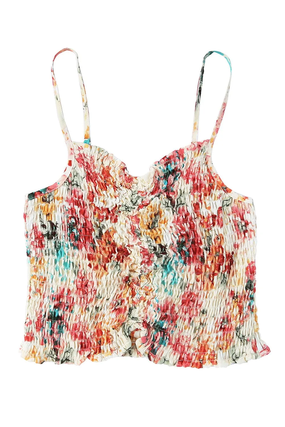 Apricot Smocked Floral Print Ruched Camisole