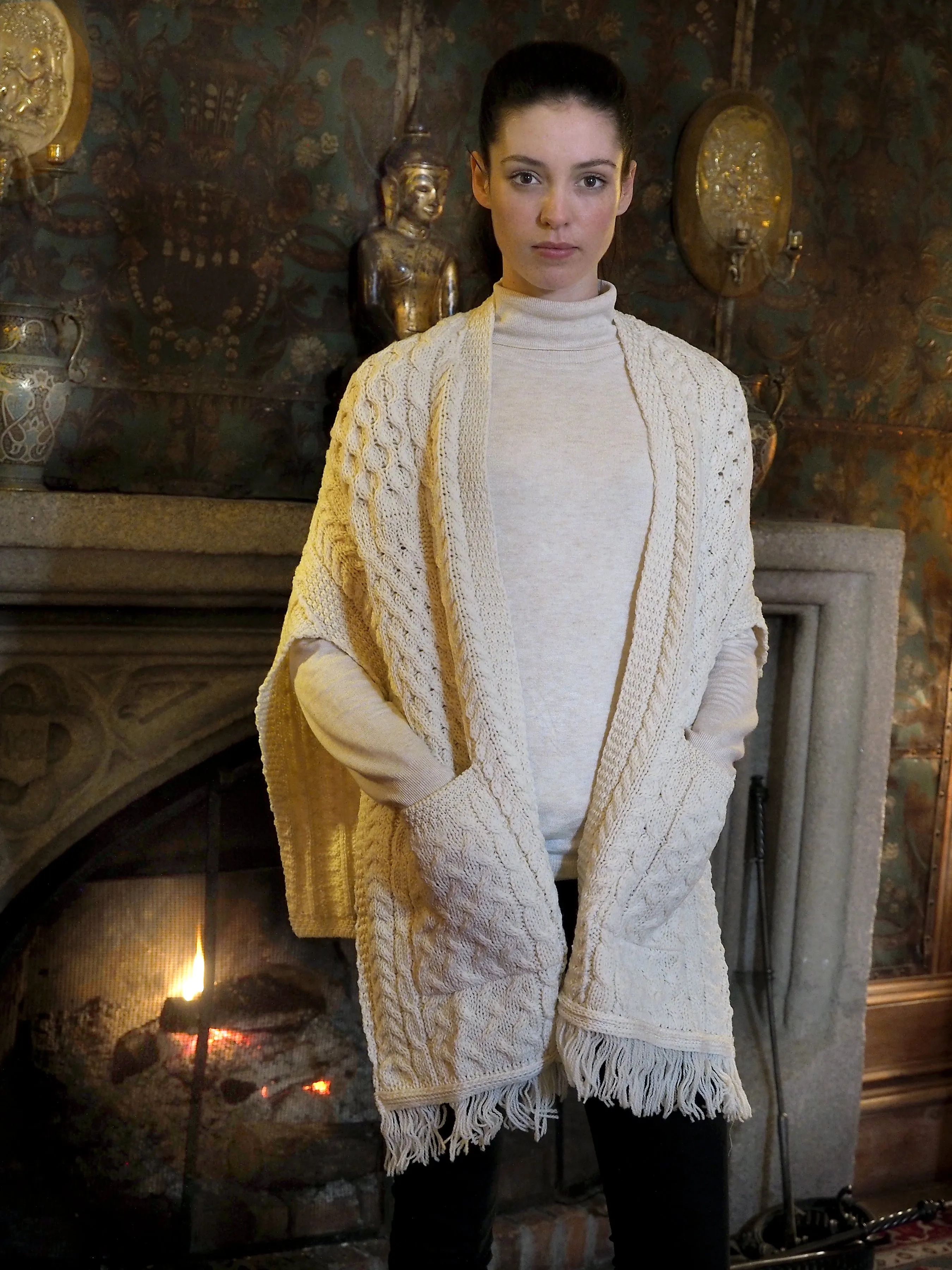 Aran Shawl Wrap with Pockets- Natural