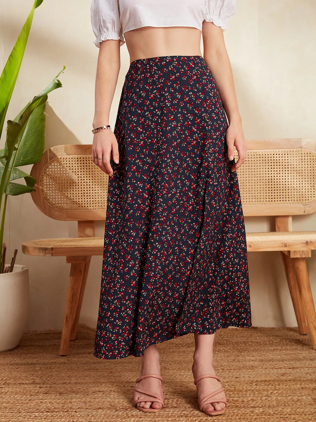 Berrylush Women Navy Blue & Red Floral Printed High-Rise Waist Zipper-Up Thigh-High Slit Flared A-Line Maxi Skirt