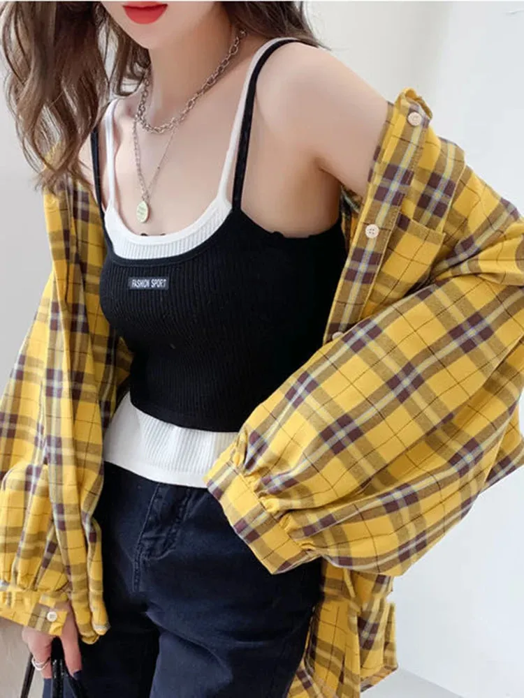 Bonnyshow  Fashion Plaid Women Shirt Fashion Korean Oversize Tops Harajuku Daily All-match Long Sleeve Chic Female Yellow Shirts New