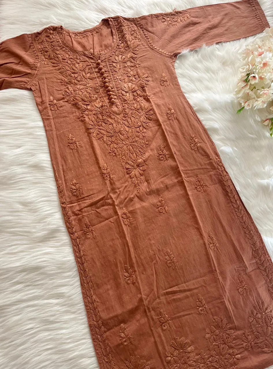 Brown Exclusive Dyeable Dobby Cotton Kurti with Ghaspatti Work Pant Set