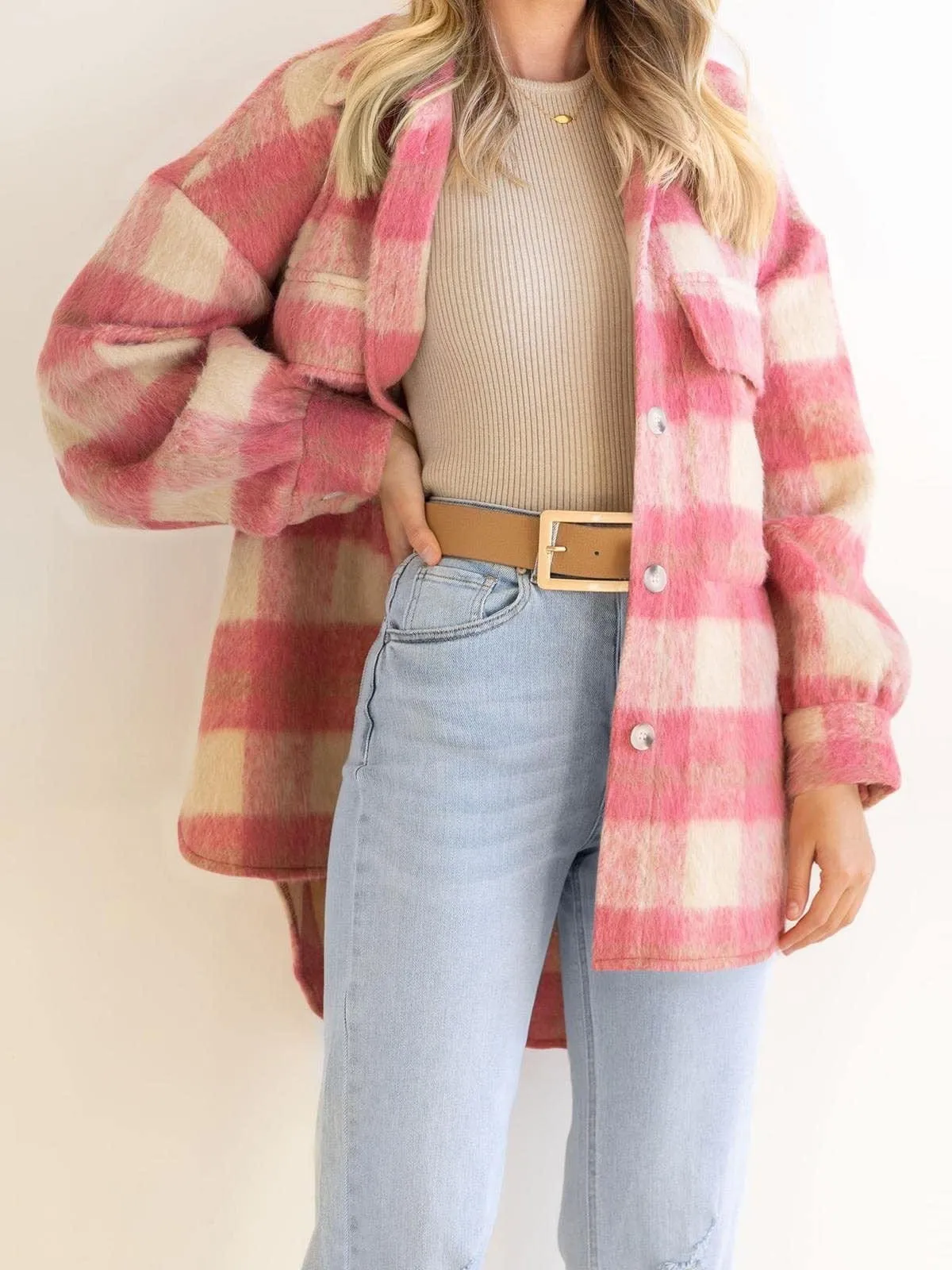 Button-Down Plaid Jacket for Women