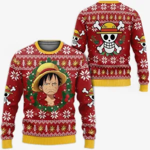 Giftngon - Luffy Ugly Christmas Sweater Funny Face One Piece Anime Xmas For Kids