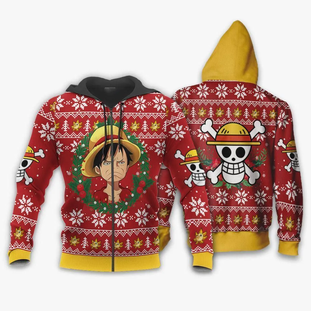 Giftngon - Luffy Ugly Christmas Sweater Funny Face One Piece Anime Xmas For Kids