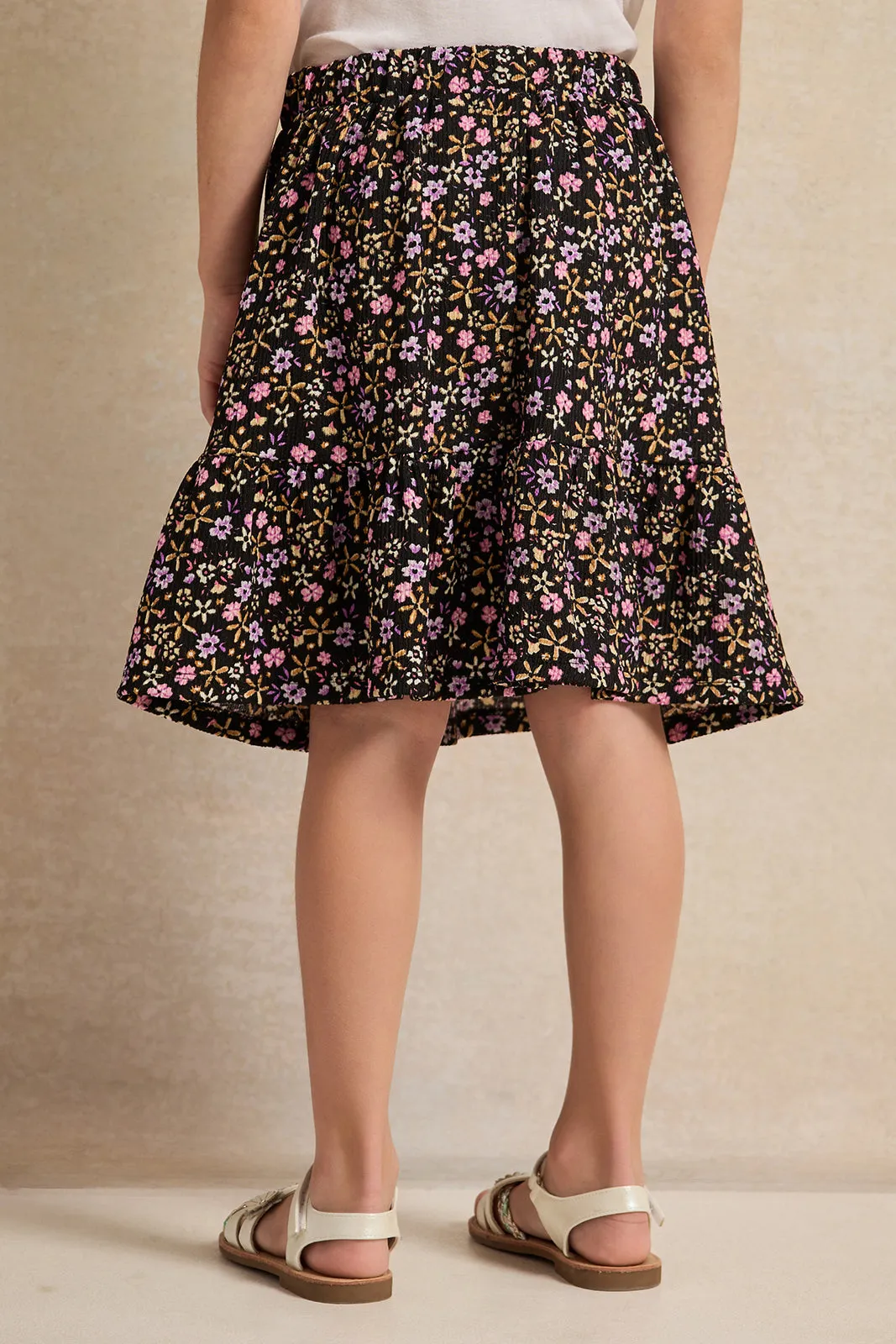 Girls Black Flower Allover Print Skirt