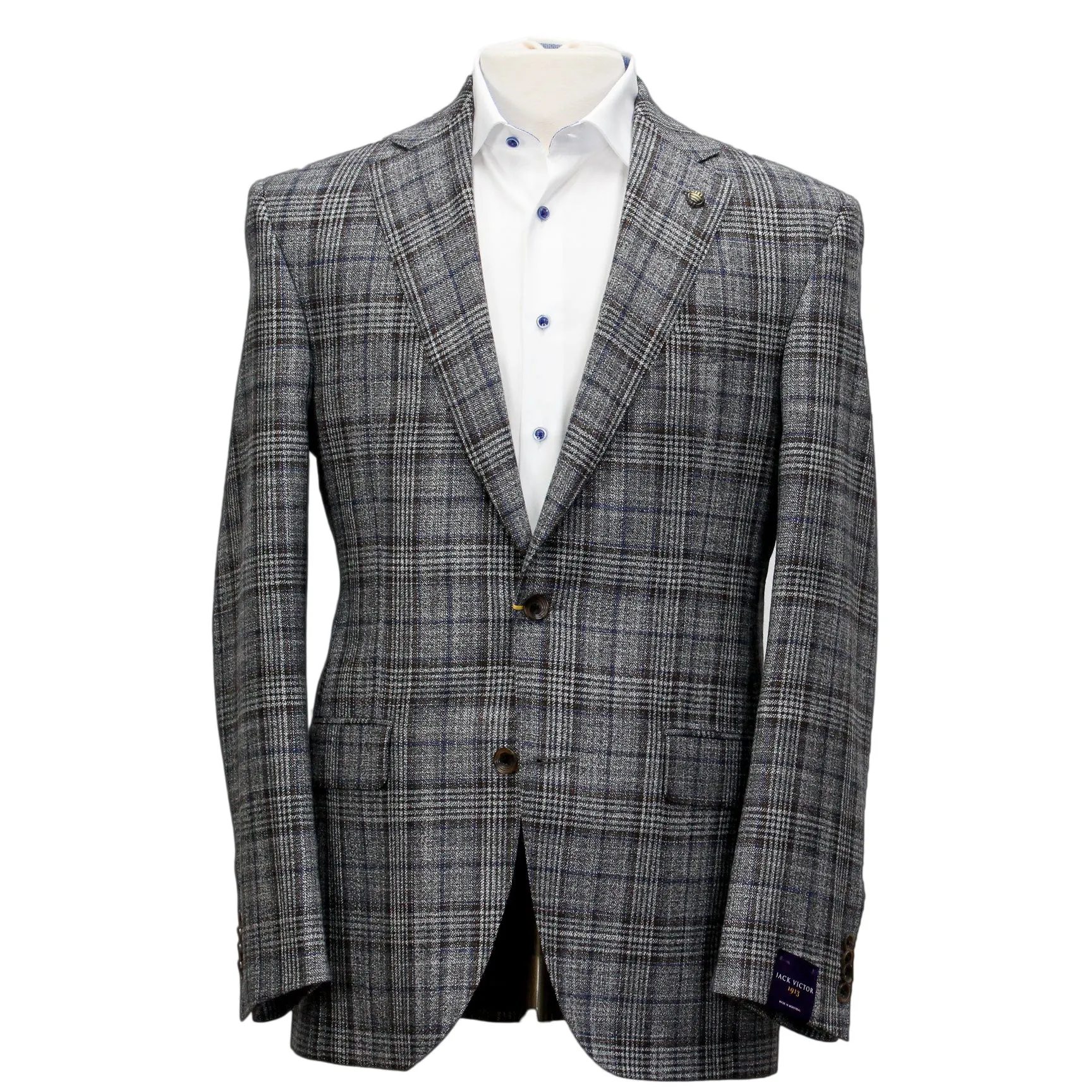 Gray with Brown Prince of Wales Check Century Classic Fit Sport Coat - Jack Victor