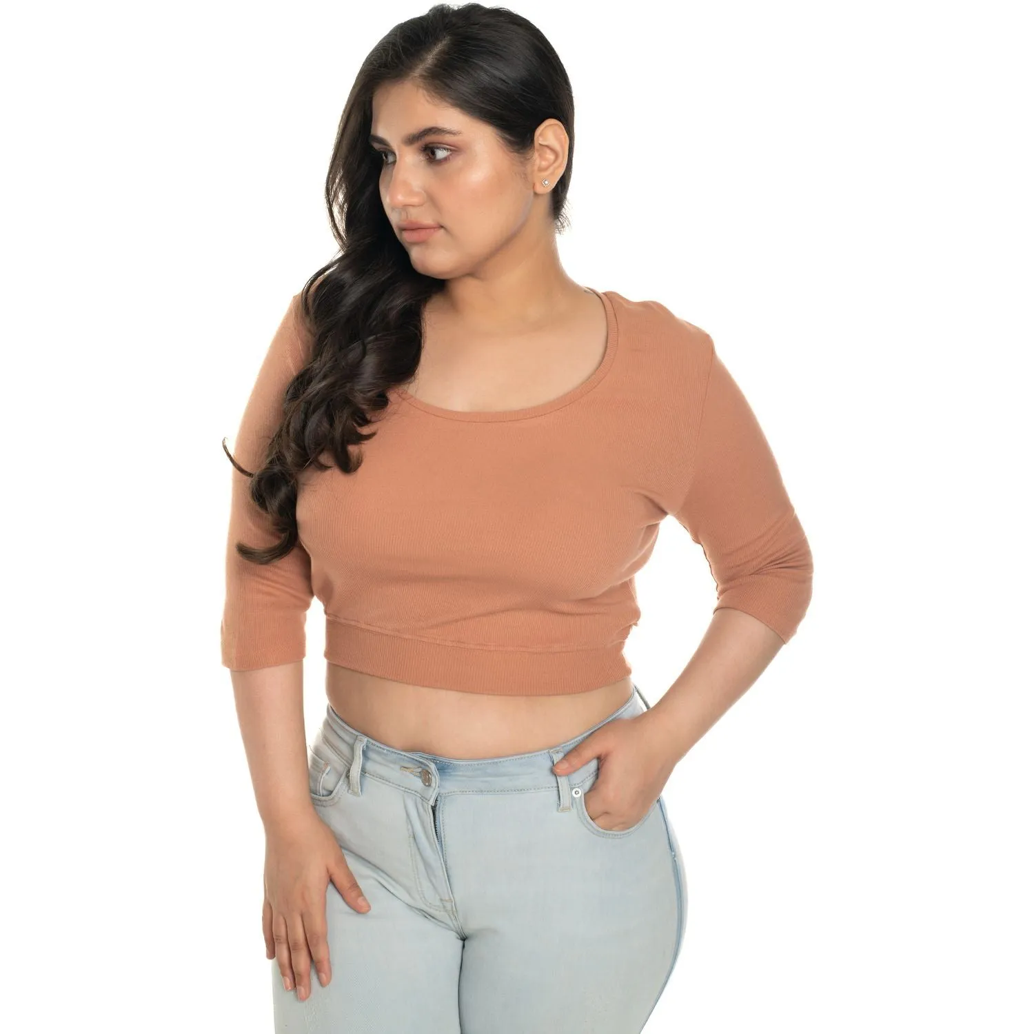 Hosiery Blouse- XXL Deep Round Neck (Elbow Sleeves)