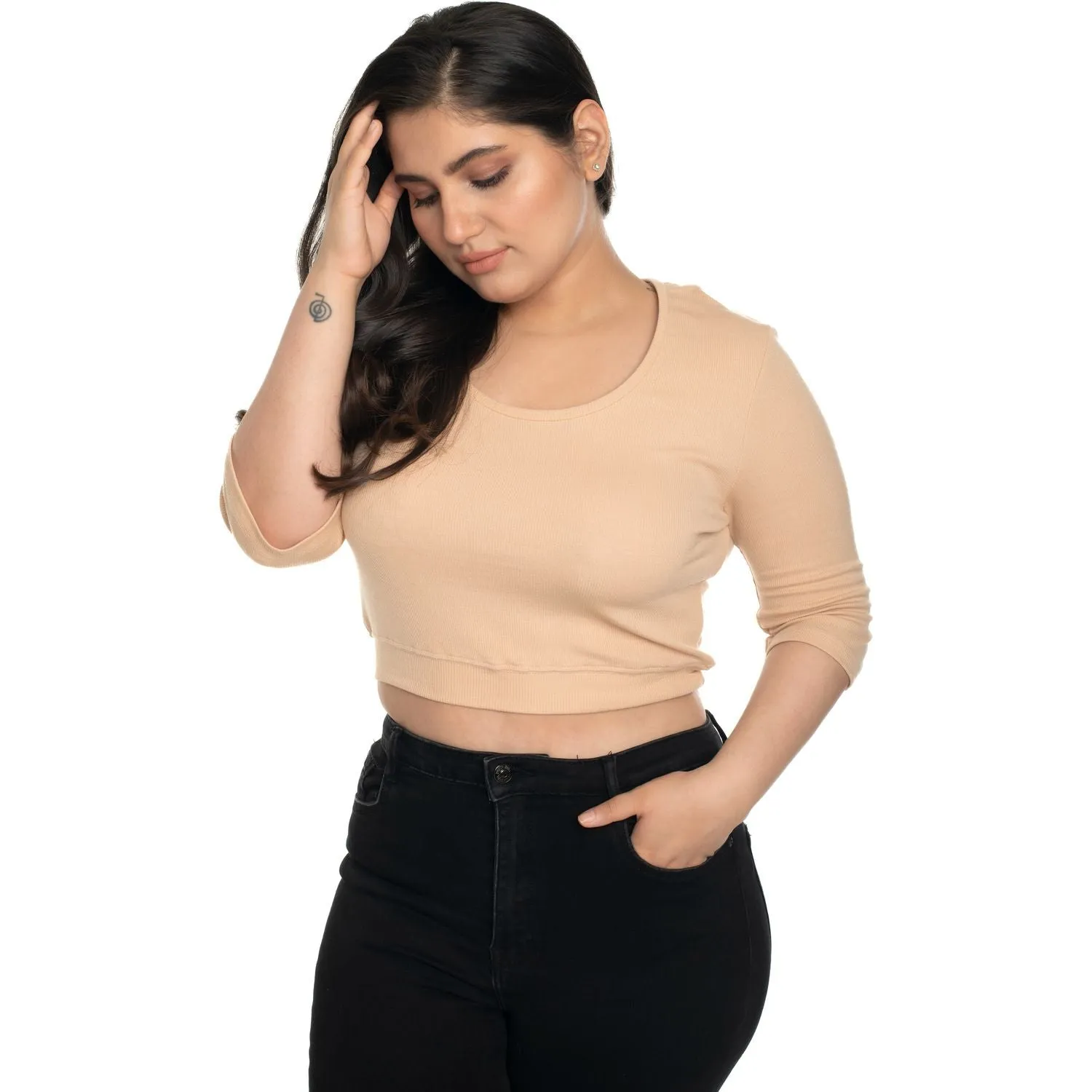 Hosiery Blouse- XXL Deep Round Neck (Elbow Sleeves)