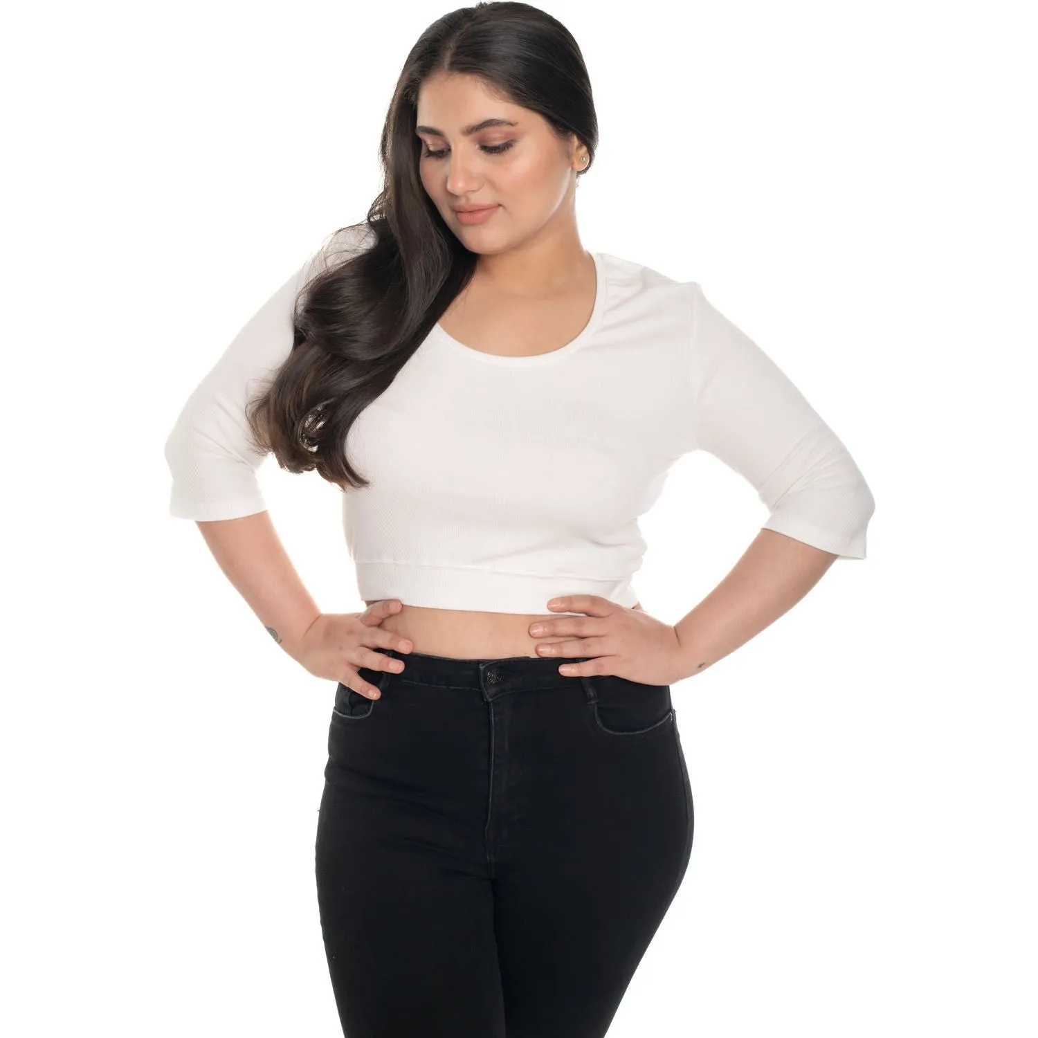 Hosiery Blouse- XXL Deep Round Neck (Elbow Sleeves)