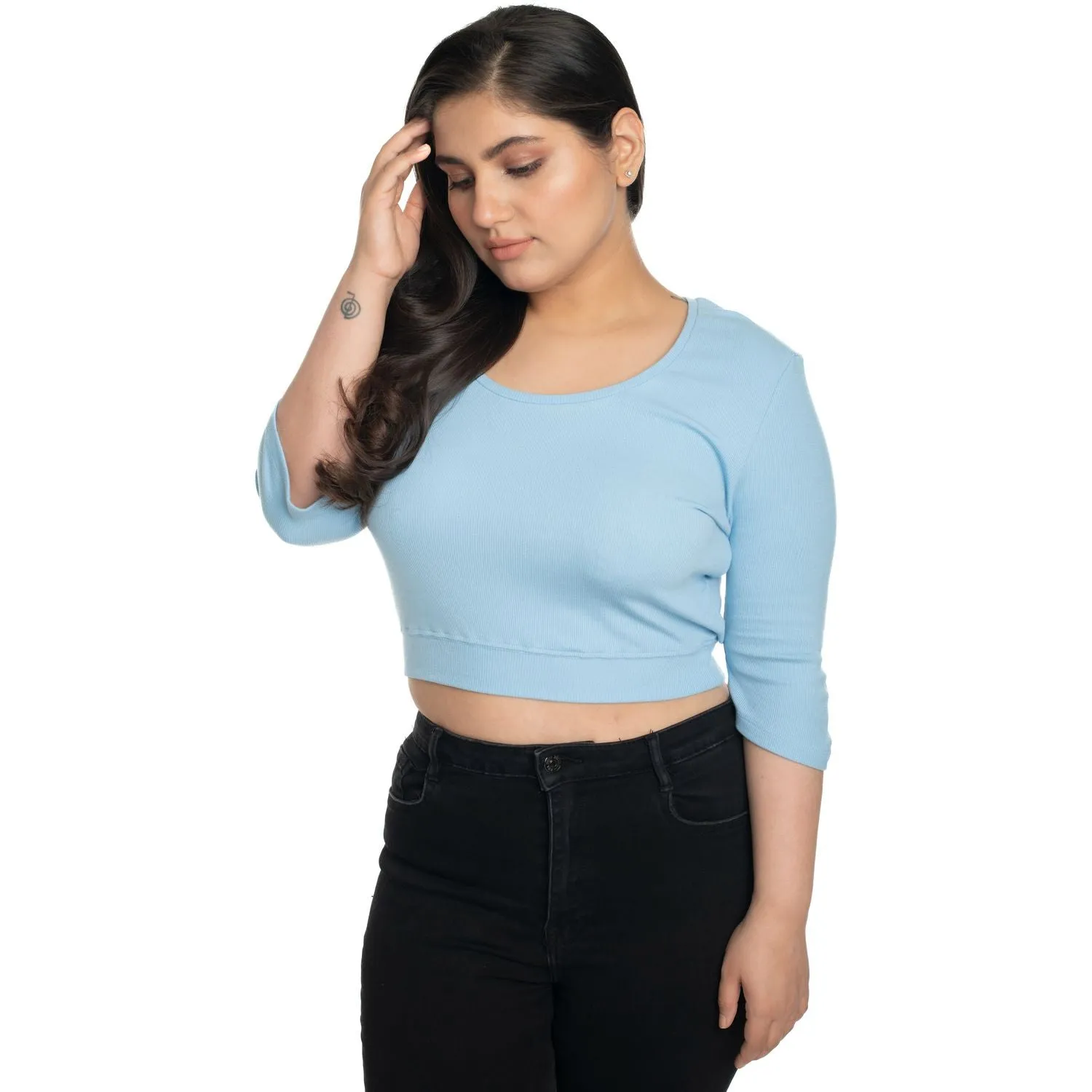 Hosiery Blouse- XXL Deep Round Neck (Elbow Sleeves)