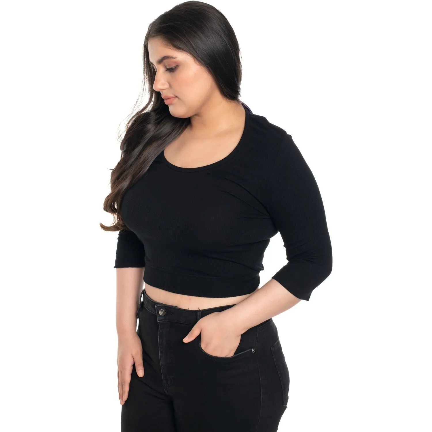 Hosiery Blouse- XXL Deep Round Neck (Elbow Sleeves)