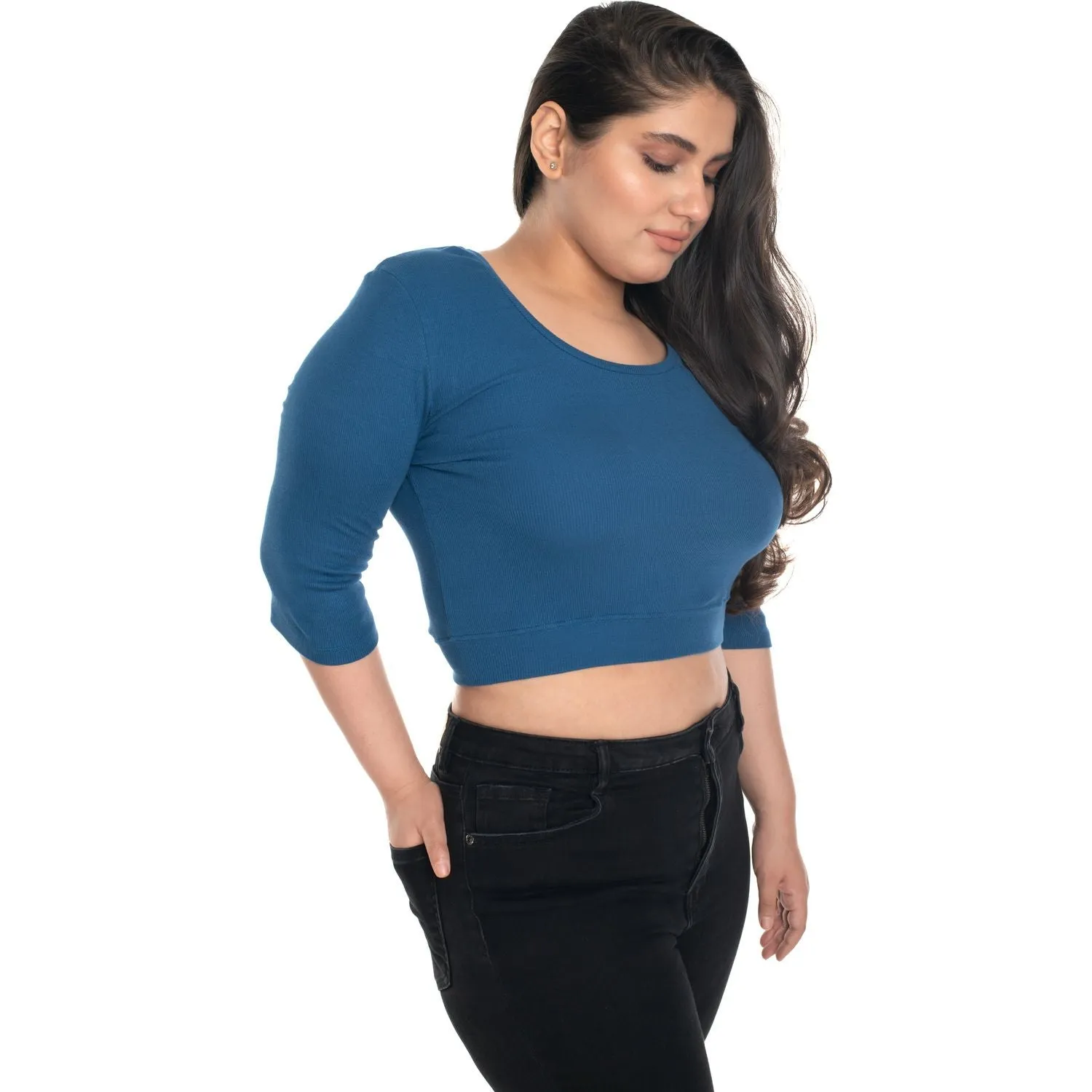 Hosiery Blouse- XXL Deep Round Neck (Elbow Sleeves)