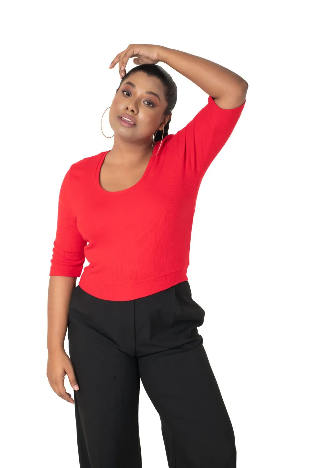 Hosiery Blouse- XXL Deep Round Neck (Elbow Sleeves)