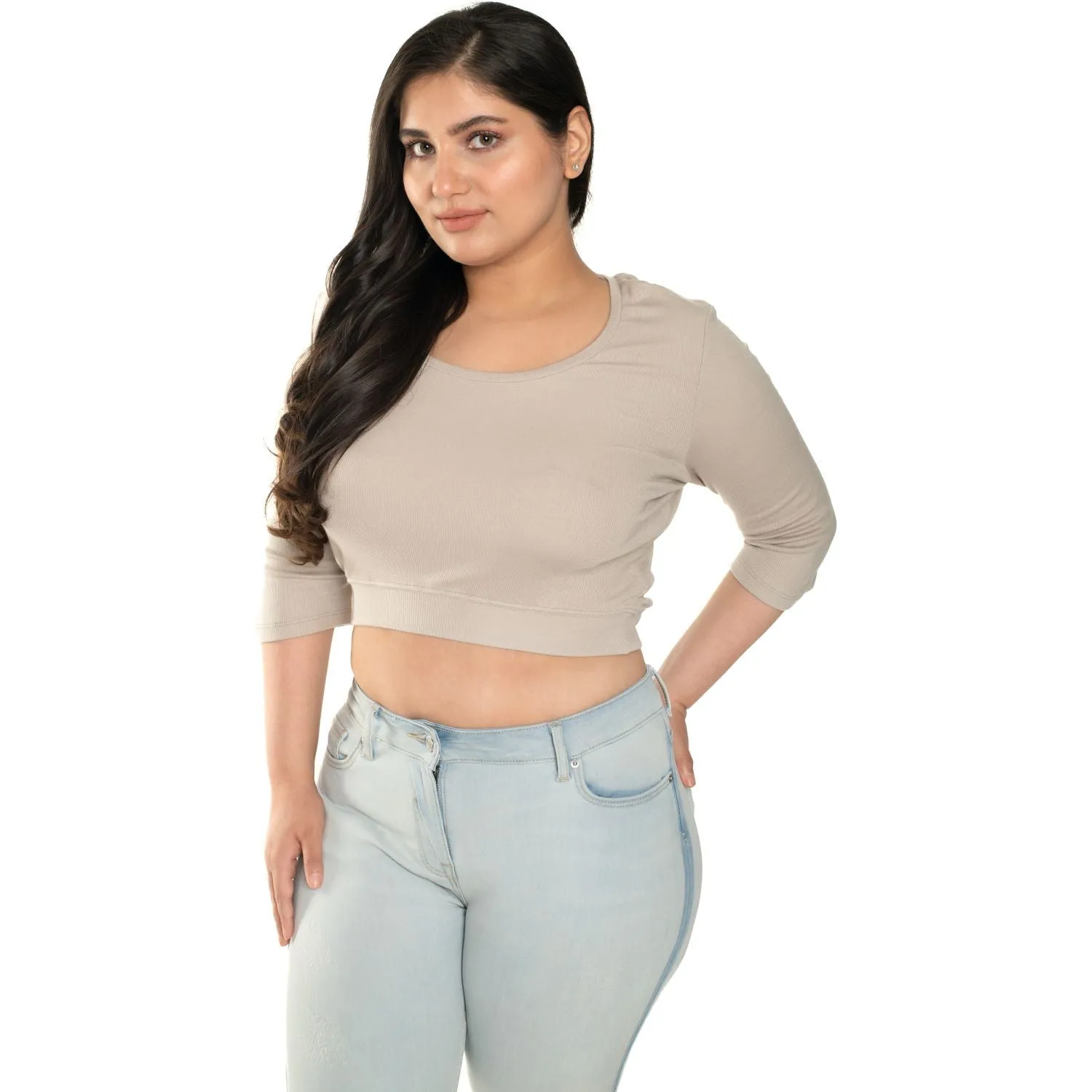 Hosiery Blouse- XXL Deep Round Neck (Elbow Sleeves)