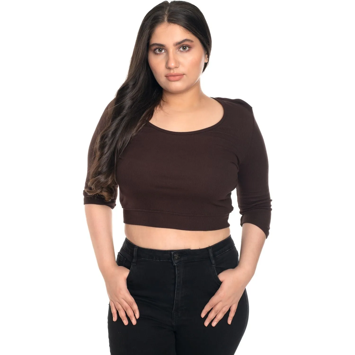 Hosiery Blouse- XXL Deep Round Neck (Elbow Sleeves)