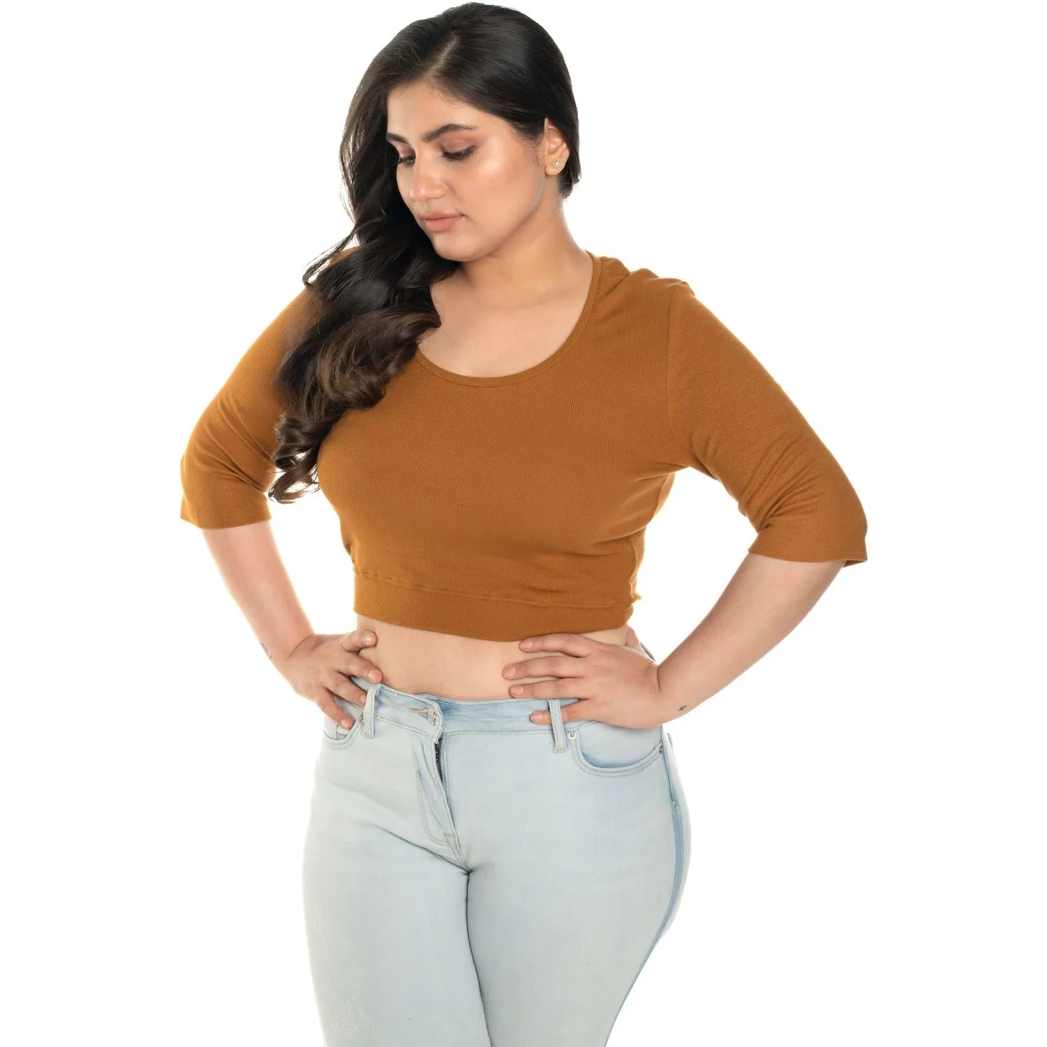 Hosiery Blouse- XXL Deep Round Neck (Elbow Sleeves)