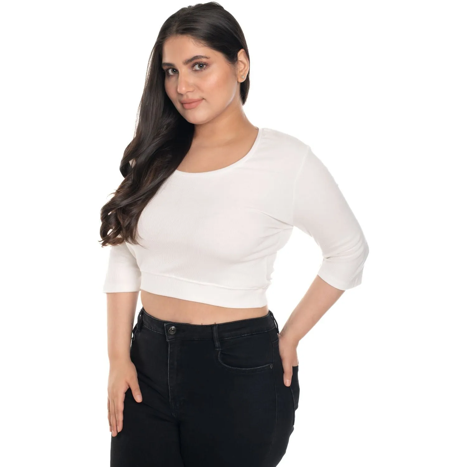 Hosiery Blouse- XXL Deep Round Neck (Elbow Sleeves)