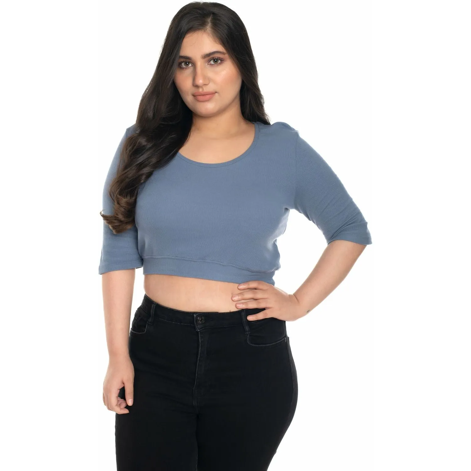 Hosiery Blouse- XXL Deep Round Neck (Elbow Sleeves)