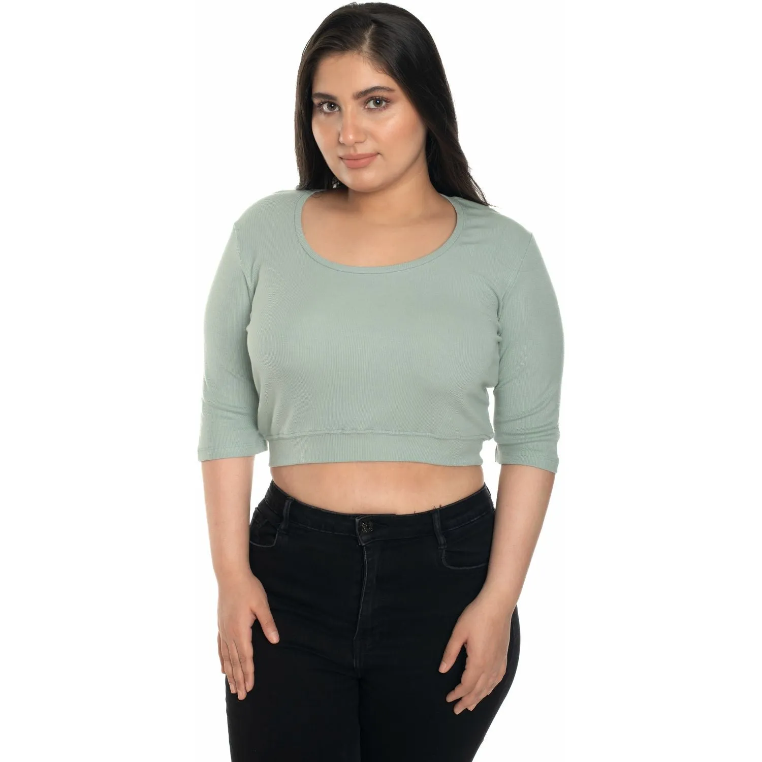 Hosiery Blouse- XXL Deep Round Neck (Elbow Sleeves)