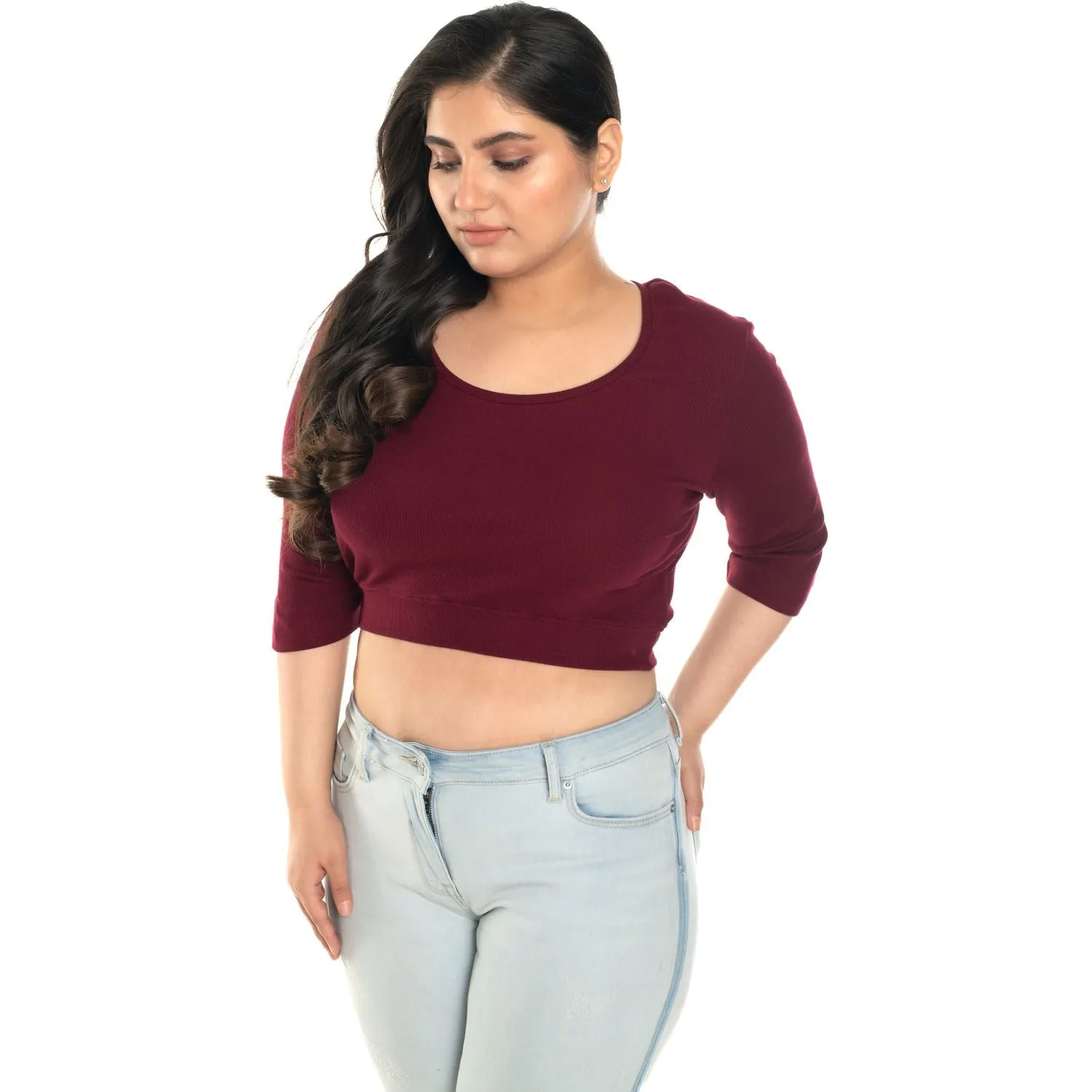 Hosiery Blouse- XXL Deep Round Neck (Elbow Sleeves)