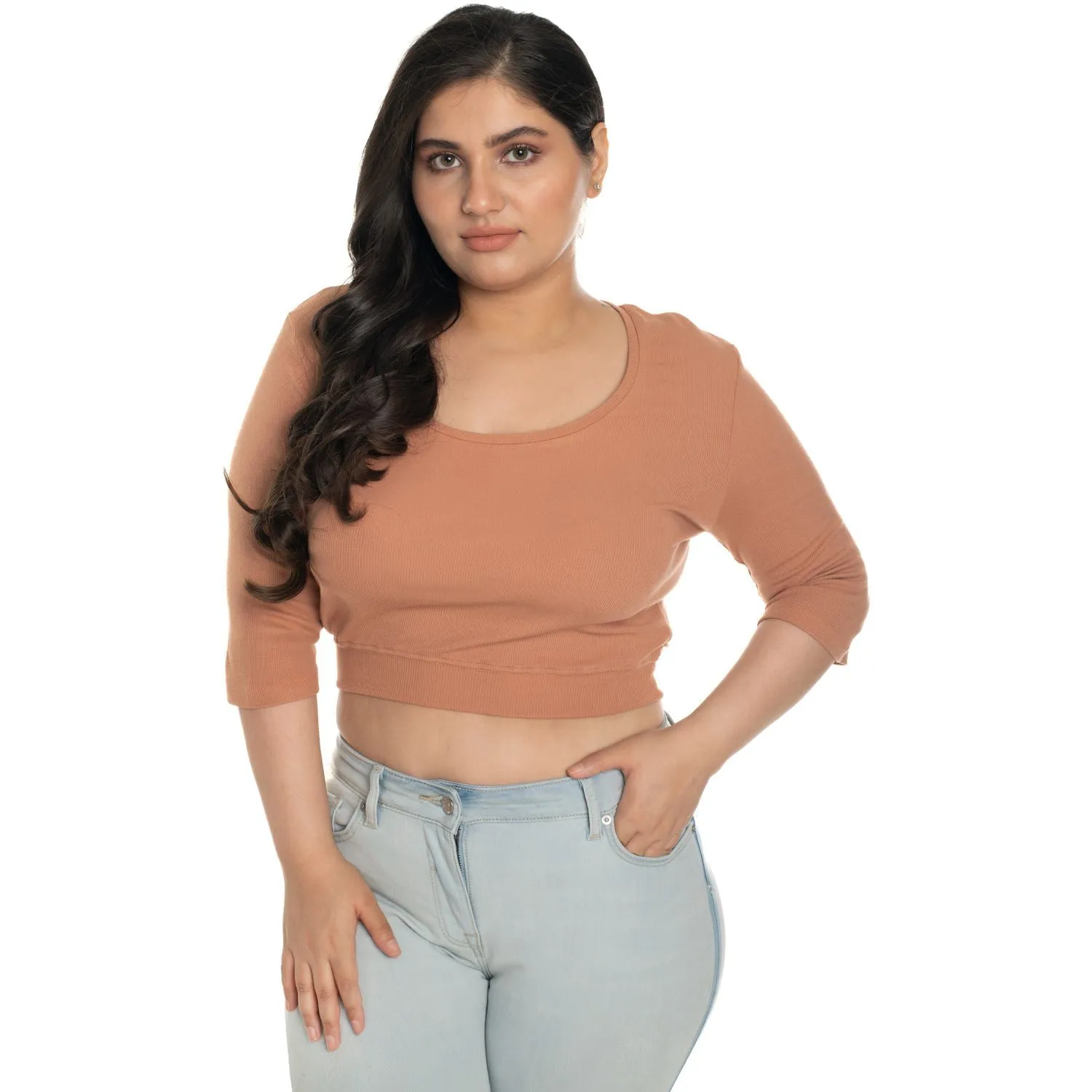 Hosiery Blouse- XXL Deep Round Neck (Elbow Sleeves)