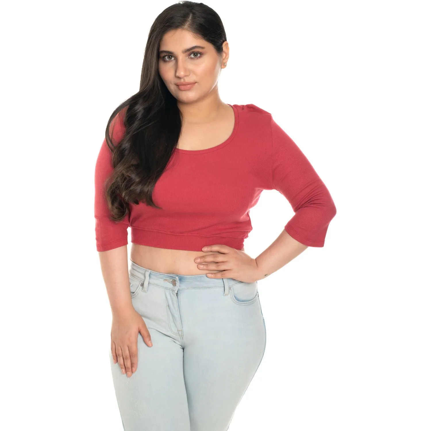 Hosiery Blouse- XXL Deep Round Neck (Elbow Sleeves)