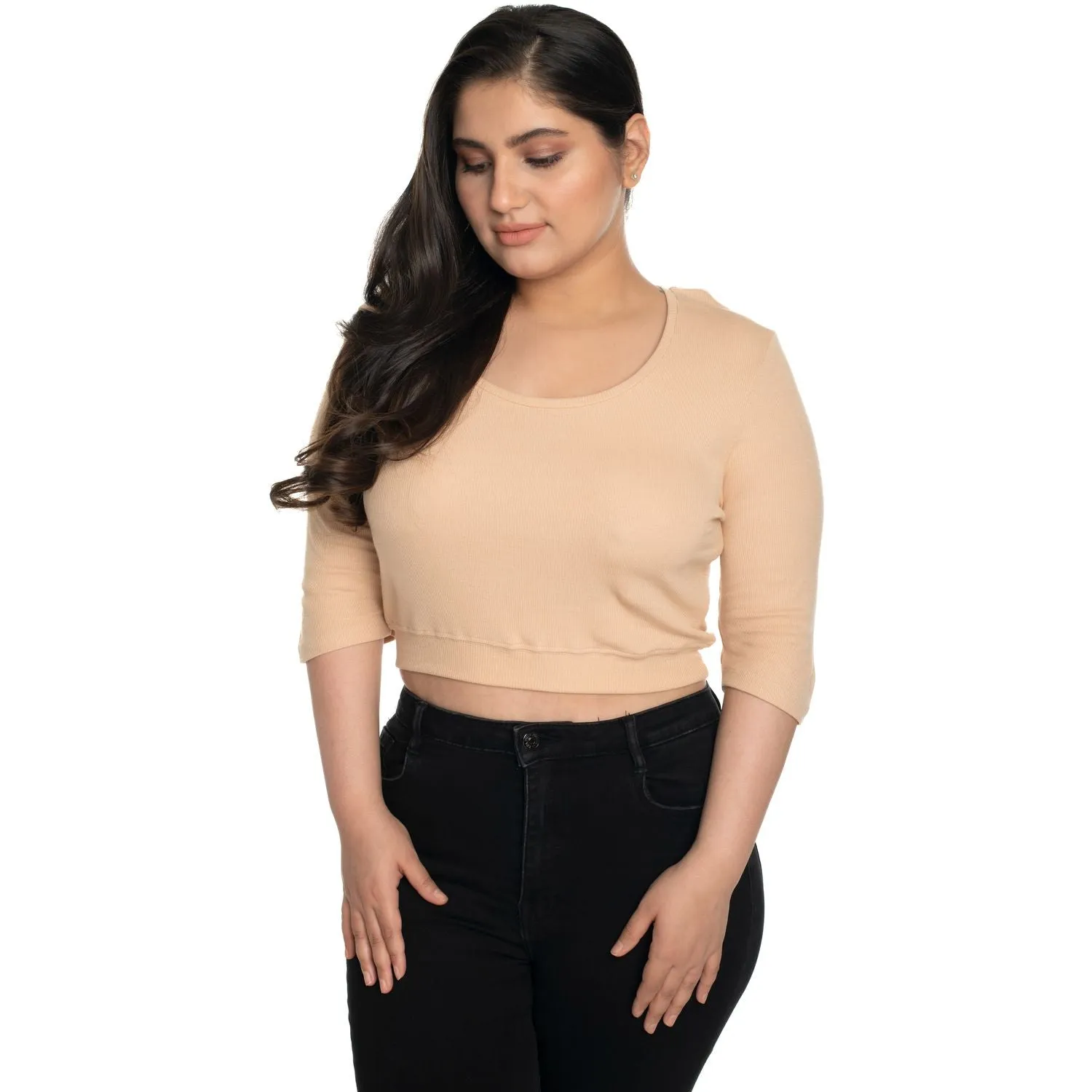 Hosiery Blouse- XXL Deep Round Neck (Elbow Sleeves)