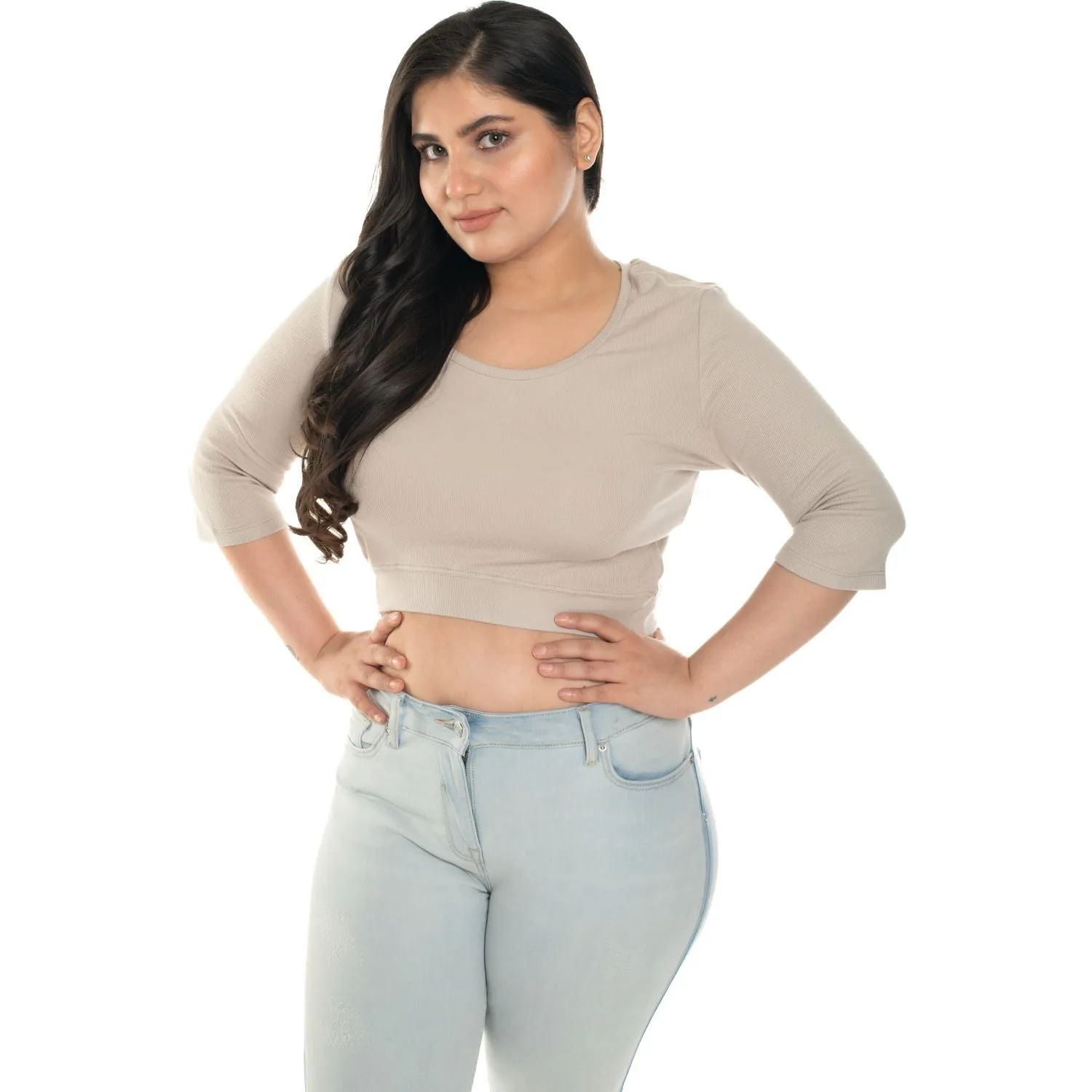 Hosiery Blouse- XXL Deep Round Neck (Elbow Sleeves)