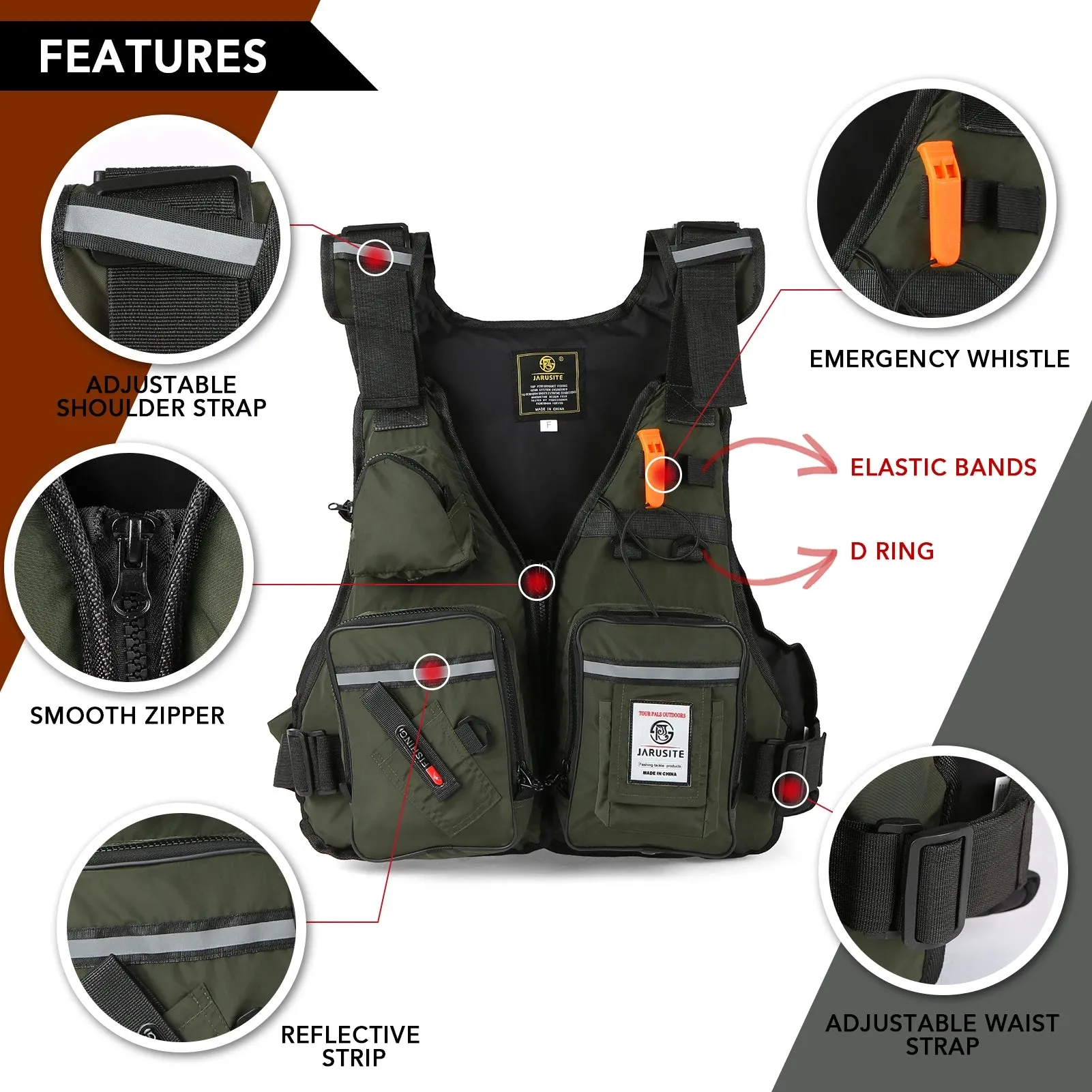 Multi-Pockets Fly Fishing Jacket Buoyancy Vest with Water Bottle Holder