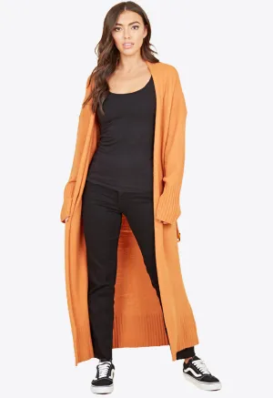 Orange Knitted Longline Belted Cardigan