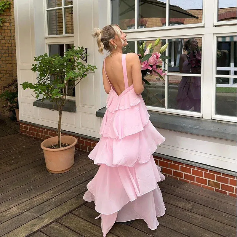 Pink Pleated Stylish Halter Maxi Dress