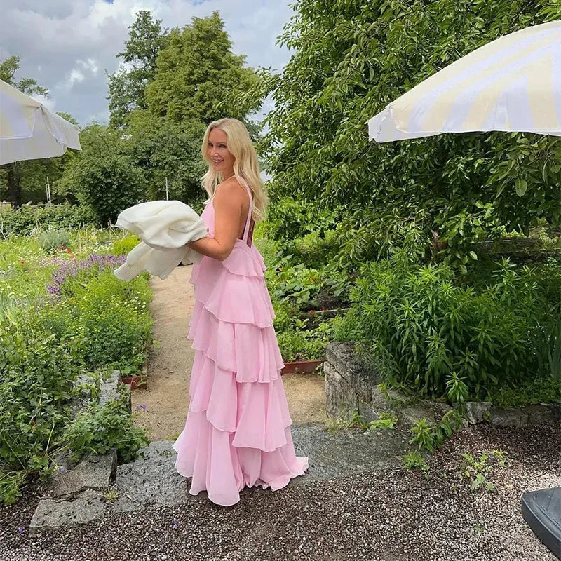 Pink Pleated Stylish Halter Maxi Dress