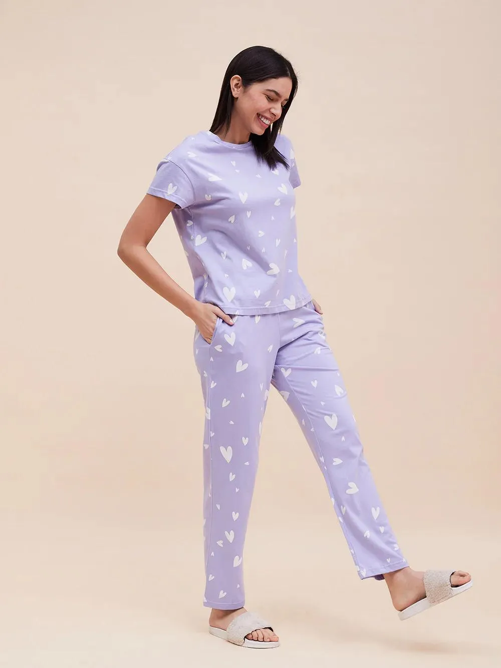 Purple cute Heart Printed Stylish Night Payjama-Set