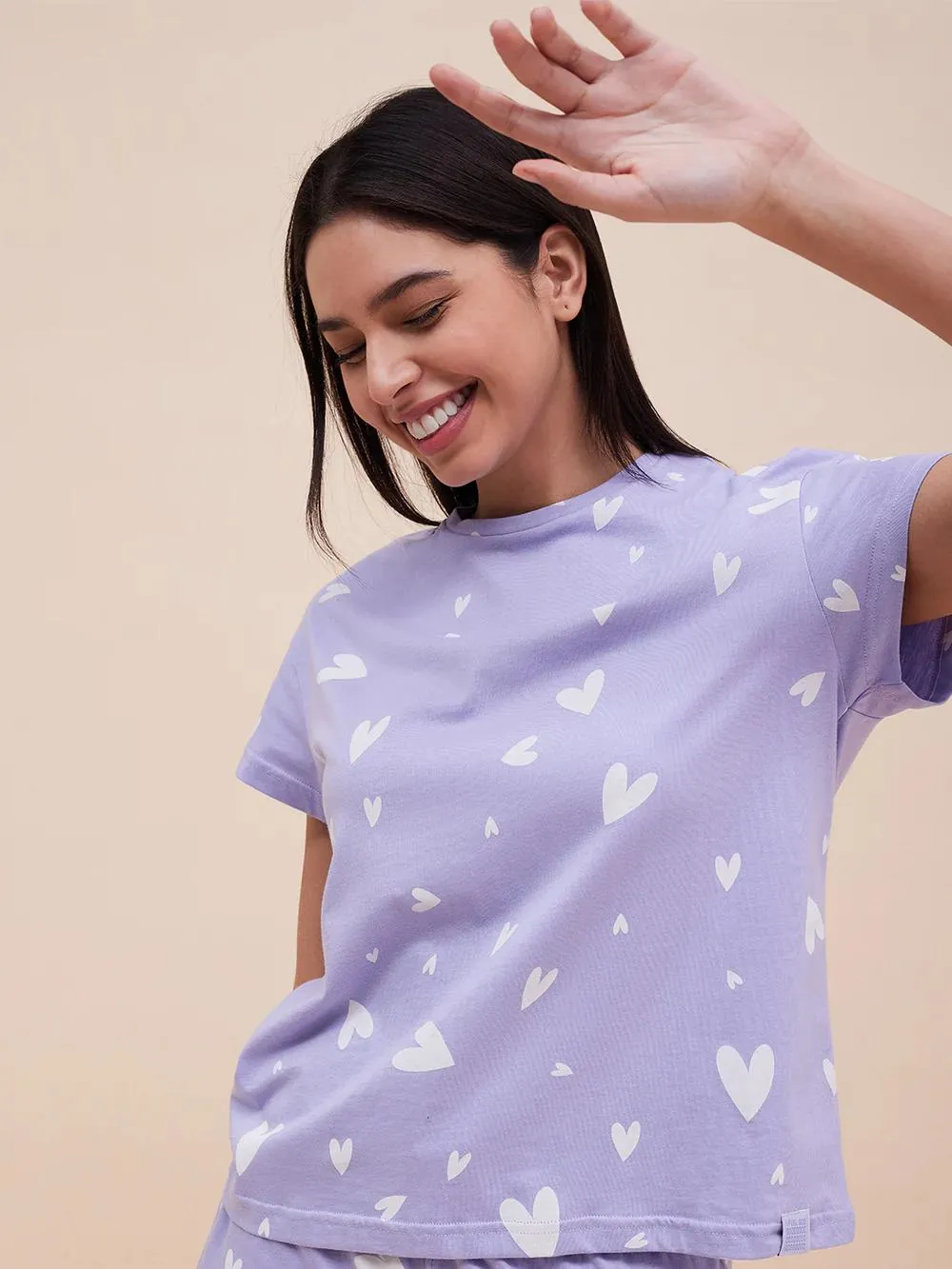 Purple cute Heart Printed Stylish Night Payjama-Set