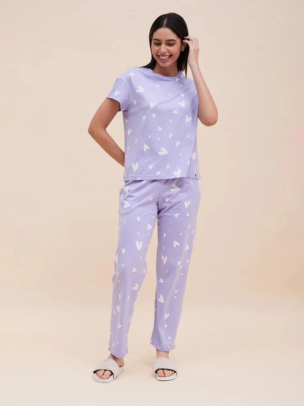 Purple cute Heart Printed Stylish Night Payjama-Set