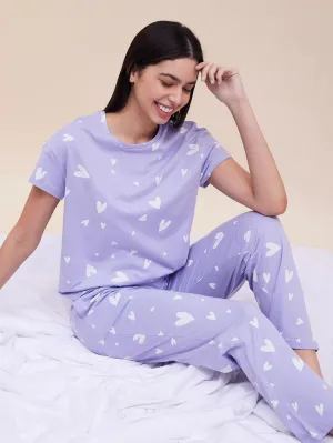 Purple cute Heart Printed Stylish Night Payjama-Set