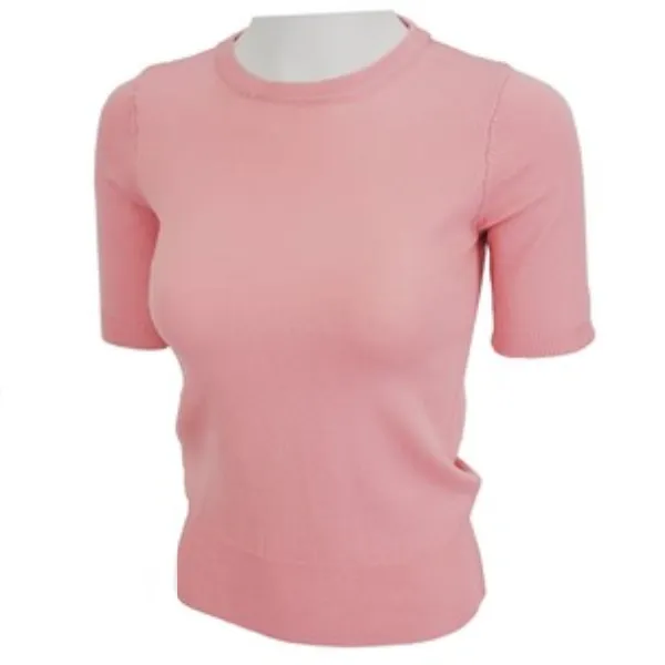 Retro Crew Neck Short Sleeve Sweater - Pink