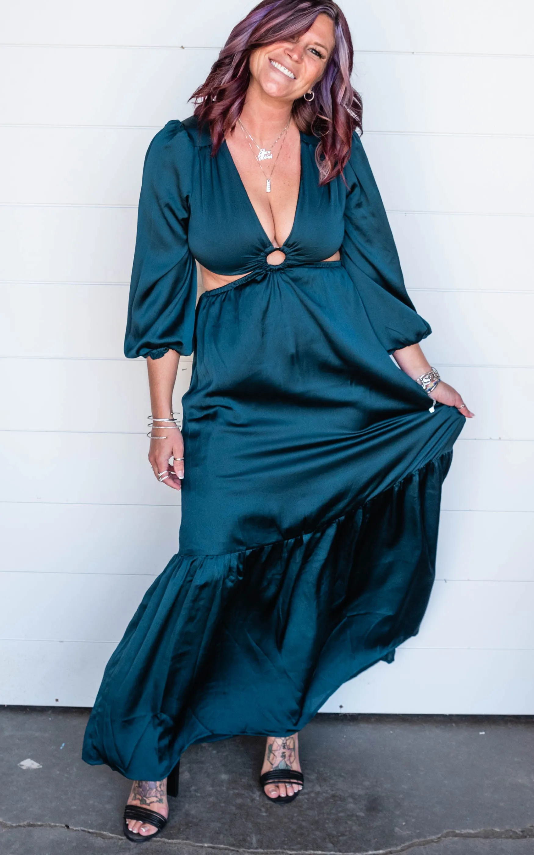 Satin Cut-Out Maxi Dress featuring plunge neckline - Final Sale