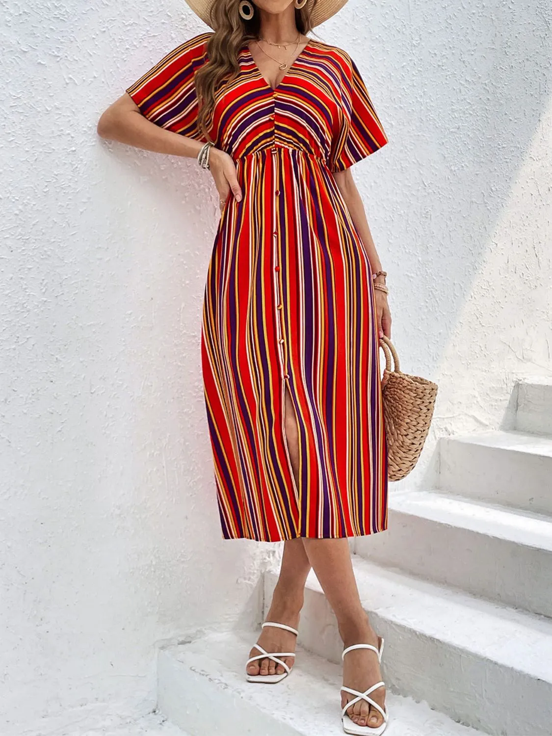 Slit Striped V-Neck Short Sleeve Midi Dress