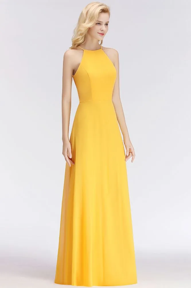 Stylish A-line Halter Sleeveless Floor Length Yellow Bridesmaid Dresses