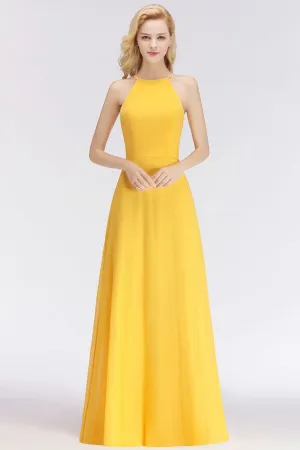 Stylish A-line Halter Sleeveless Floor Length Yellow Bridesmaid Dresses