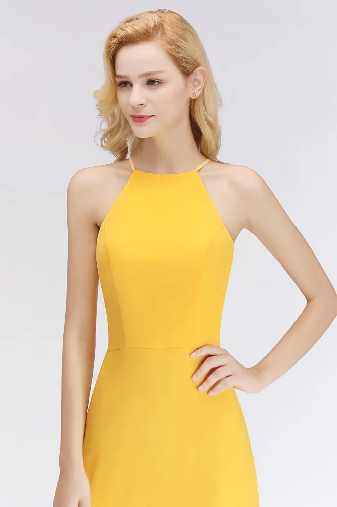 Stylish A-line Halter Sleeveless Floor Length Yellow Bridesmaid Dresses