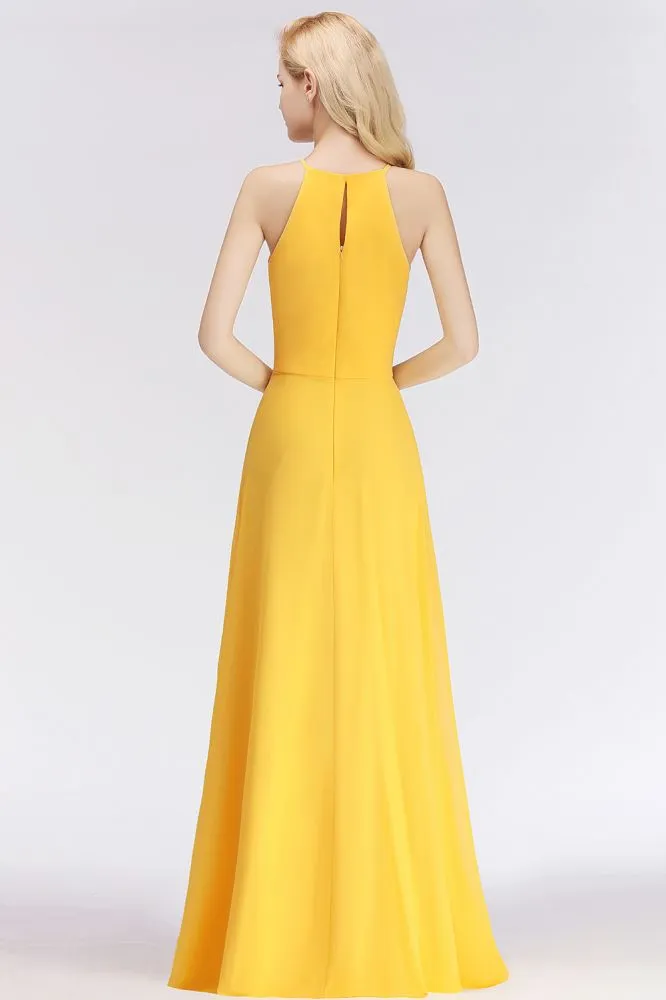 Stylish A-line Halter Sleeveless Floor Length Yellow Bridesmaid Dresses