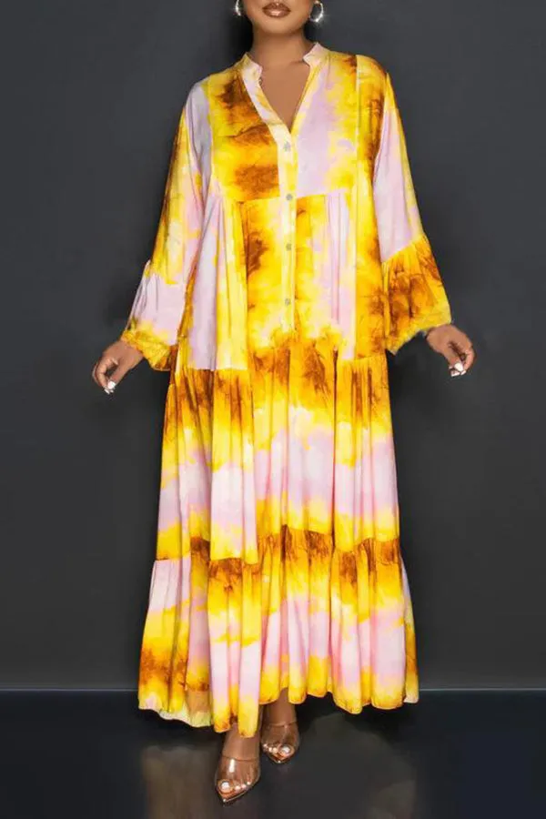 Stylish Allover Print Ruffle Hem Maxi Dress