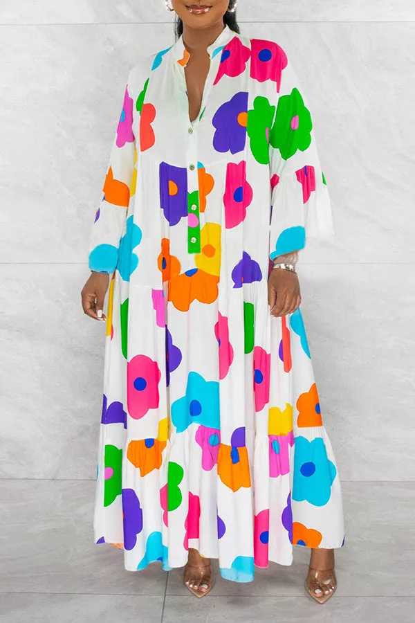 Stylish Allover Print Ruffle Hem Maxi Dress