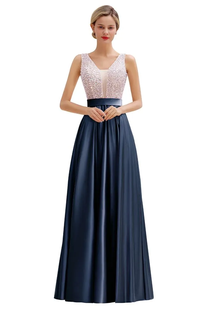 Stylish Backless Satin Floor Length Evening Dress V-Neck Party Dress