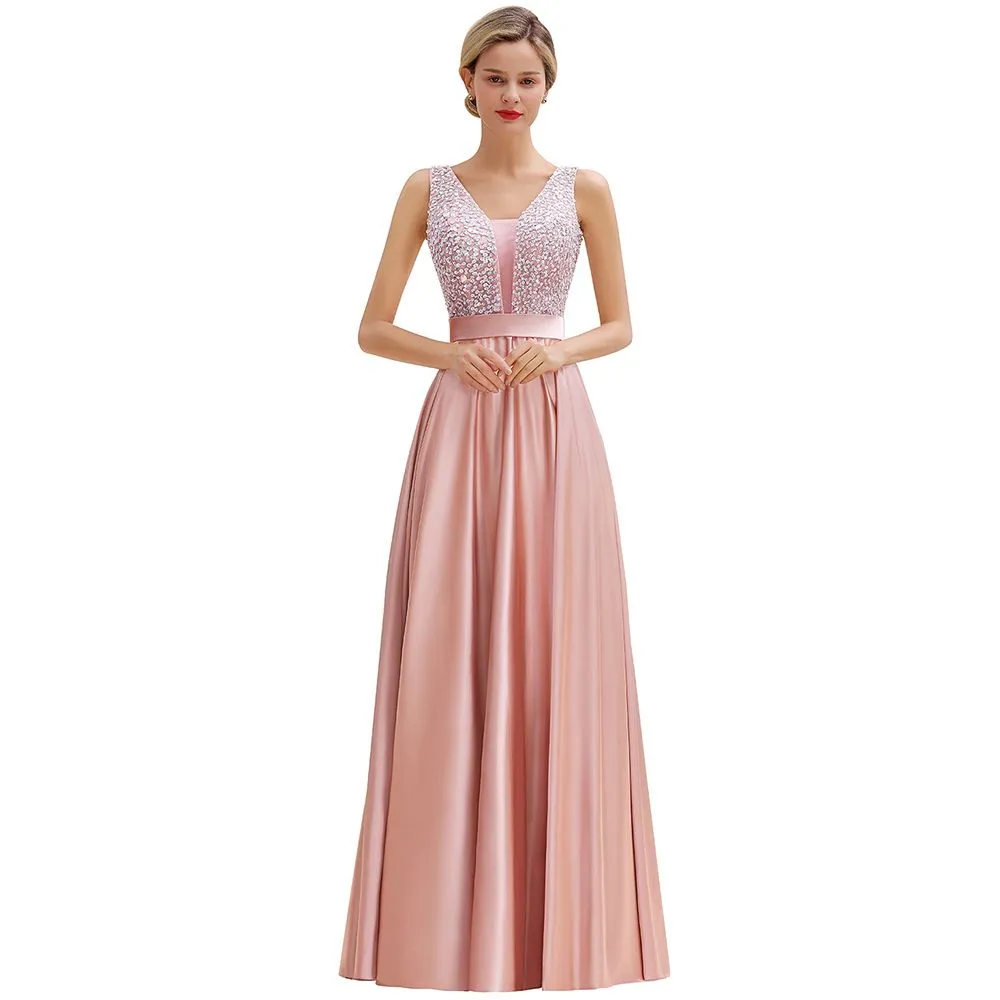 Stylish Backless Satin Floor Length Evening Dress V-Neck Party Dress