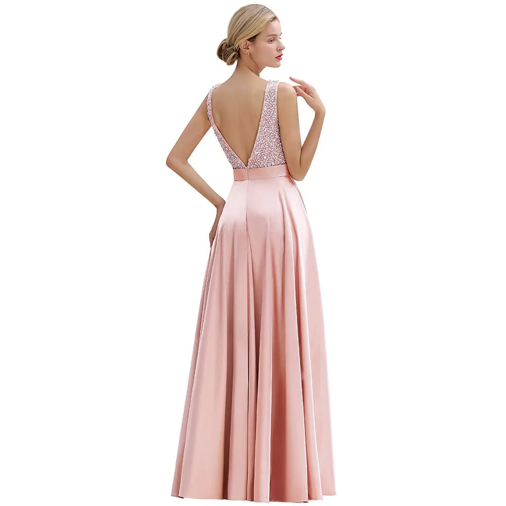 Stylish Backless Satin Floor Length Evening Dress V-Neck Party Dress